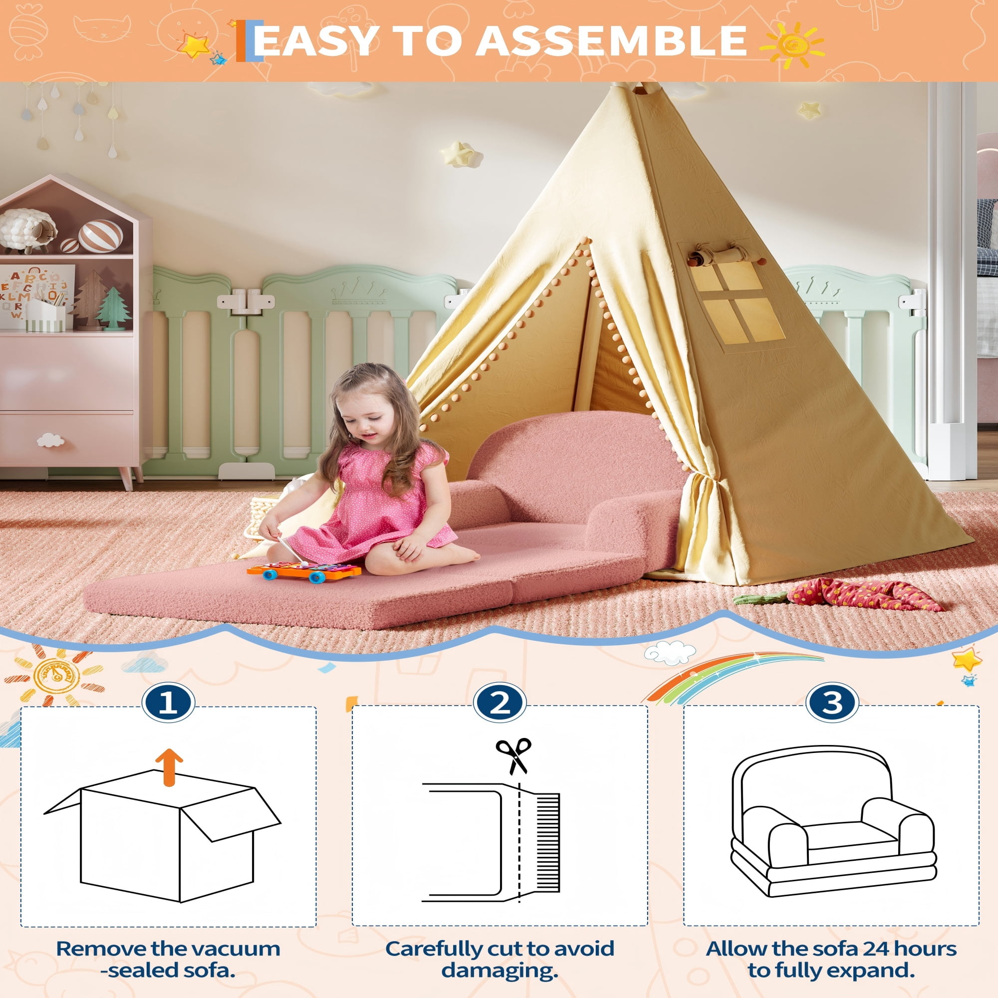 COZONY 2-in-1 Kids Sofa Chair, Convertible Toddler Couch Lounger, Fold-Out Teddy Fleece Sofa Bed