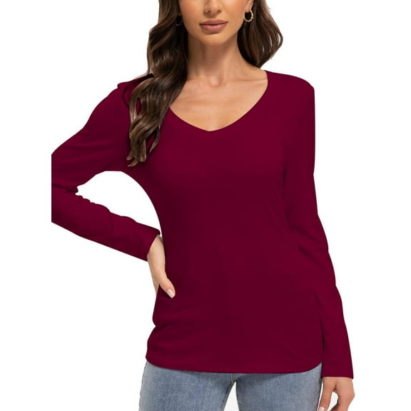 Women Shirts V Neck Long Sleeve Tops T-Shirt Basic Tees