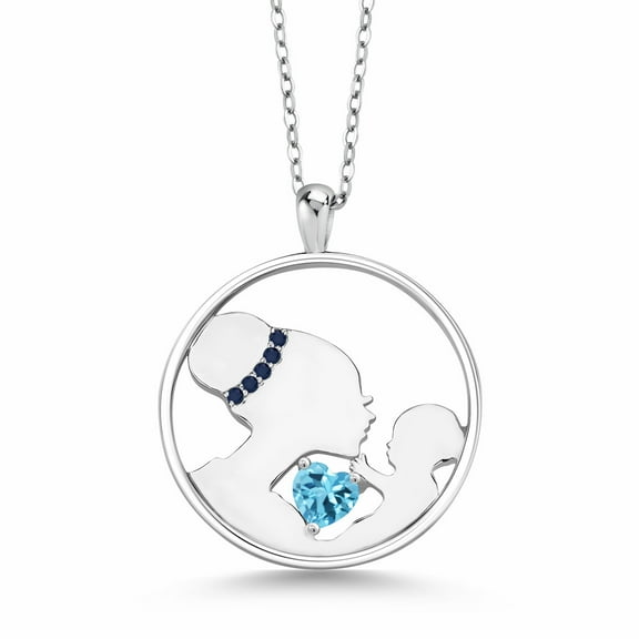 Gem Stone King Keren Hanan Mother 0.61 Ct Swiss Blue Topaz Blue Sapphire 925 Sterling Silver Pendant Necklace for Women with 18 inch Silver Chain