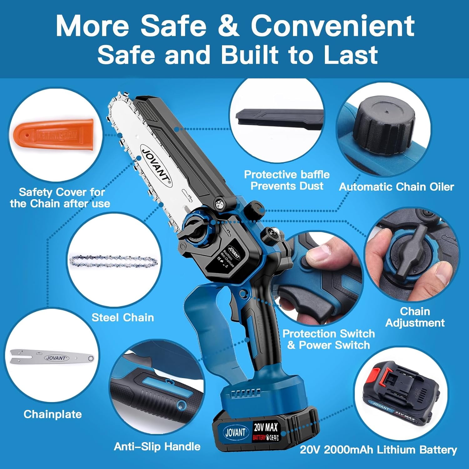 Cordless Chainsaw, Electric Chain Saw with 2 Pack 4000mAh Batteries, Battery Chainsaw with Logging Wedge Electric Saw for Cutting, Trimming, Gardening, Camping(3 chains & 2 chain plates)