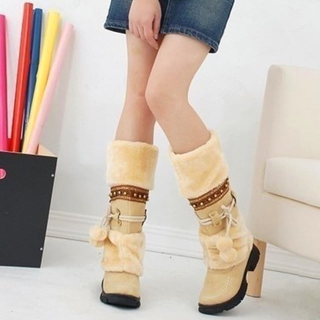 YOUSNH Chaud à Bout Haut Neige Talons Ronds Rétro Garder Milieu Chaussures Boule de Poils Bottillons à Enfiler Femmes Bottes pour Femmes Bottes Femmes Beige 7.5