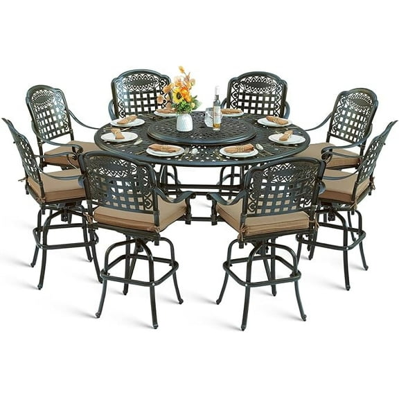 MEETWARM 10-Piece Outdoor Bar Set, All Weather Cast Aluminum Patio Bar Furniture with 8 Cushioned Swivel Bar Stools, Large 61" Round Patio Bar Height Table with Detachable Lazy Susan, Umbrella Hole