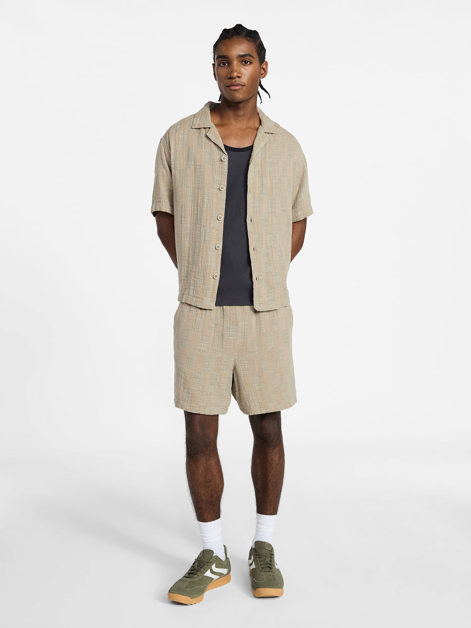 No Boundaries Check Gauze Shirt with Short Sleeves, Men's XS-5XL
