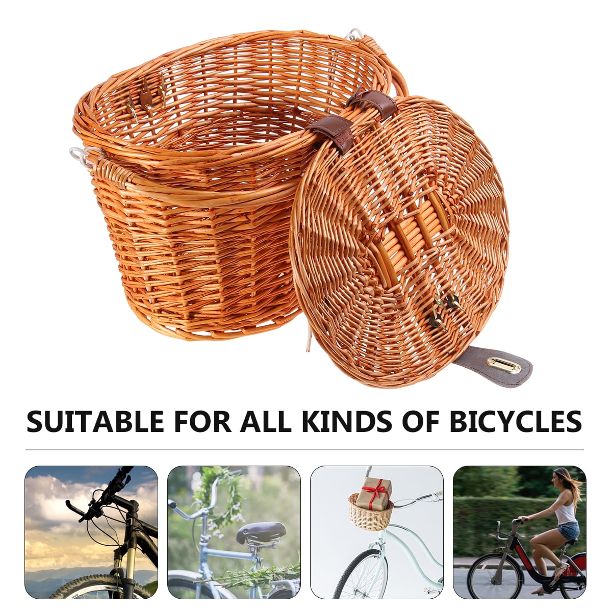 Worgeous Brown Wicker Bike Basket with Lid and Handle for Front Handlebar, Fits Most Cruiser Bikes, Stylish and Design