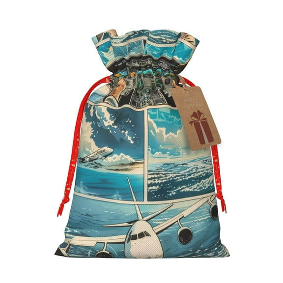 Naloa Comic Airplane Cockpit Illustration Drawstring Christmas Bags, 3D Xmas Gift Bags, Christmas Wrapping Bags, Xmas Goodie Bags, Treat Pouch Bags, Party Favor Bags-