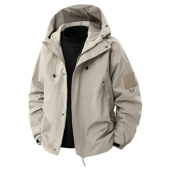 Fmbrln Mens Fashion Casual Waterproof and Windproof Jackets Long Sleeve Hooded Rain Coat Lounge Outdoor Hiking Windbreaker Jackets with Zipper Pockets Khaki S