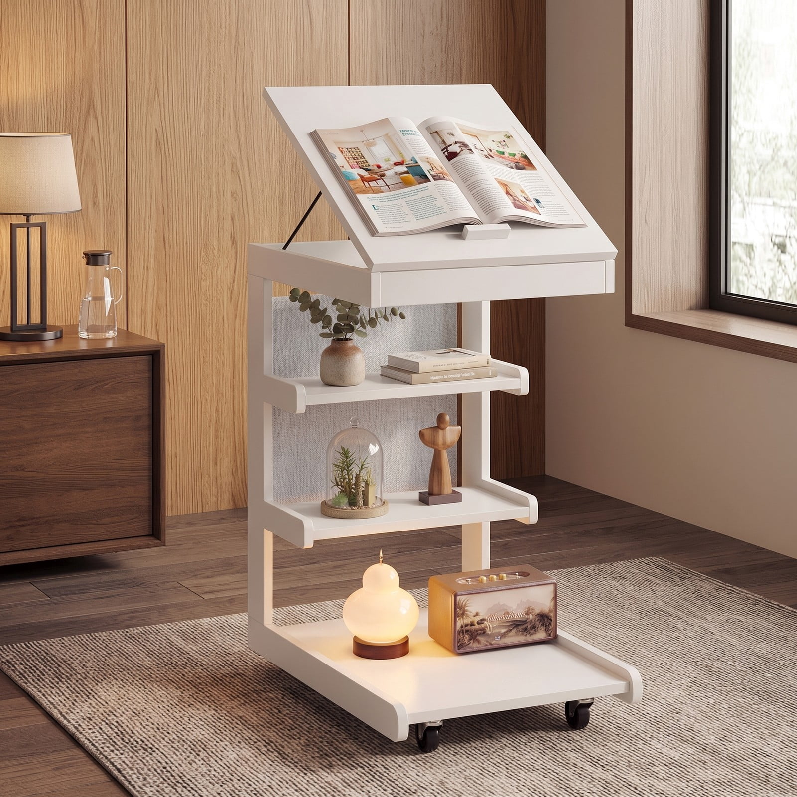 Furnibear C Shaped End Table with Wheels and Adjustable Desktop, Mobile Sofa Side Table with Hidden Compartment and 3 Storage Shelves for Bedside Couch Living, White