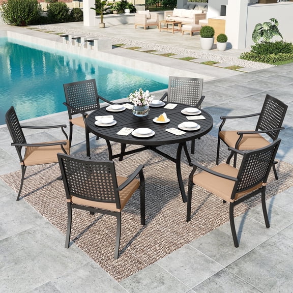 SUMMIT LIVING 7-Piece Outdoor Patio Dining Set with 6 Steel Stackable ArmChairs with Cushions & Round Table with Umbrella Hole, Black & Brown
