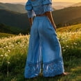 thumbnail image 5 of Womens Lace linen Trim Pants Casual Boho Smocked Elastic Waist Wide Leg Flowy Pull on Daily Vacation Beach Pants,XL, 5 of 5