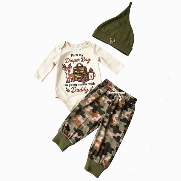 YDFCWXW Baby Boy Hunting Outfit Hunter Deer Romper Camo Pants Hat Set, Newborn First Hunting Season Coming Home Camouflage Outfit Fall (Beige, 12-18 Months)