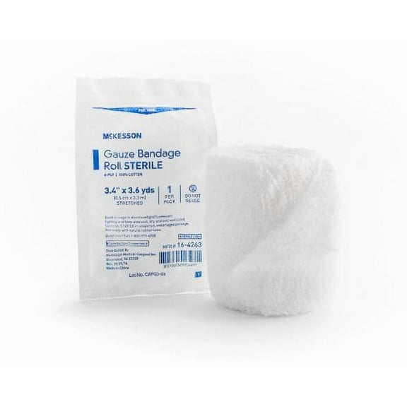McKesson Fluff Bandage Roll, Cotton Gauze, 6-Ply, Sterile, 3.4 Inch x 3.6 Yard, 1 Count