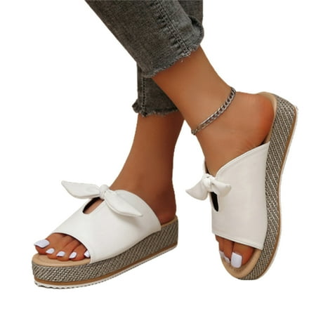 

Women Bulky Platform Slippers Bowknot PU Upper Sandals Ultra-Thick Slide Shoes 40 White