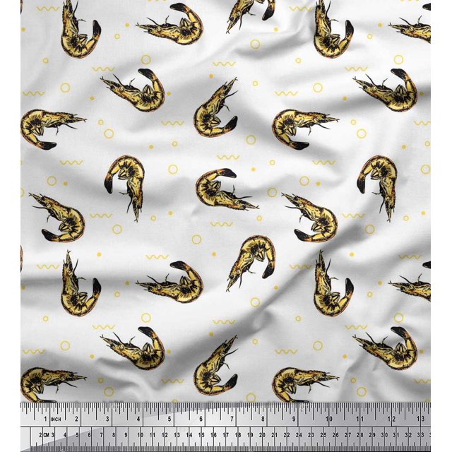 Soimoi Silk Fabric Circle,Dot & Prawns Ocean Print Fabric by The Yard 42 Inch Wide