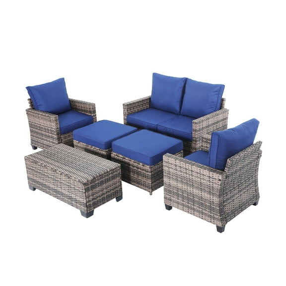 Decksplore 6 Piece Patio Furniture All Weater Wicker Outdoor Sectional Sofa,High Back Patio Chairs,Coffee Table and Ottomans Set for Porch,Garden,Backyard Blue