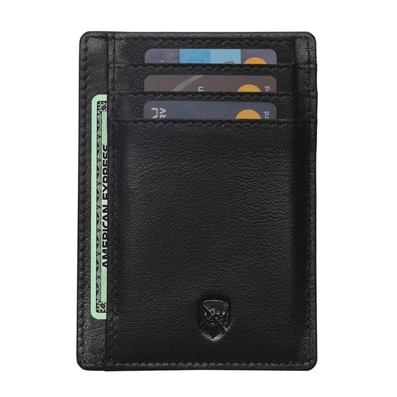 Allen & Mate Slim Leather Front Pocket Wallet with ID Window, RFID Blocking Card Holder with Gift Box for Men & Women (Black)