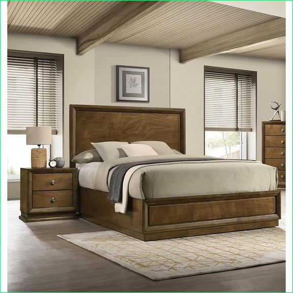 Bedroom Furniture Set, 3pc Full Bed with 2 Nightstands | Transitional Walnut Brown | Solid Rubberwood, Engineered Wood