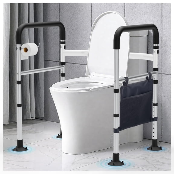 WHLICKS Toilet Safety Rails, Height & Width Adjustable Detachable Toilet Safety Frame for Seniors, Elderly & Disabled, Foldable Handicap Toilet Rails with Handles Storage Bag, Tissue Holder (350LB)