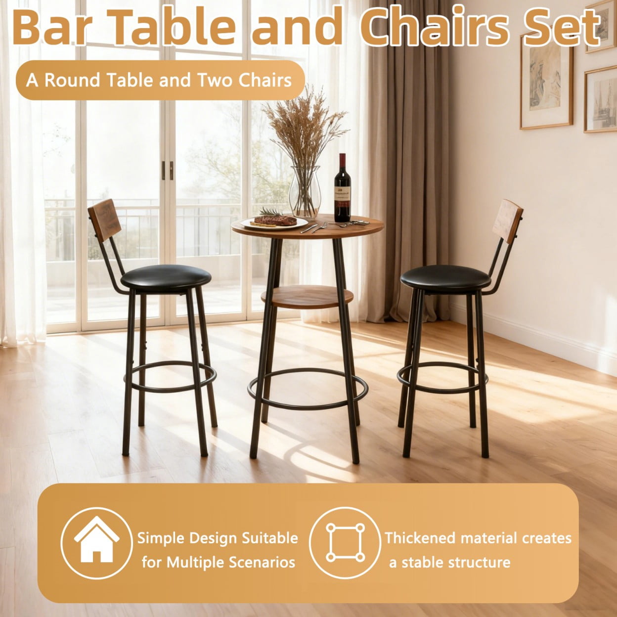 3 Piece Round Bar Table Set with 2 PU Leather Stools, Small Dining Table for 2 with 2-Tier Storage, Counter Height Pub Table Set for Kitchen, Cafe, Apartment, Brown