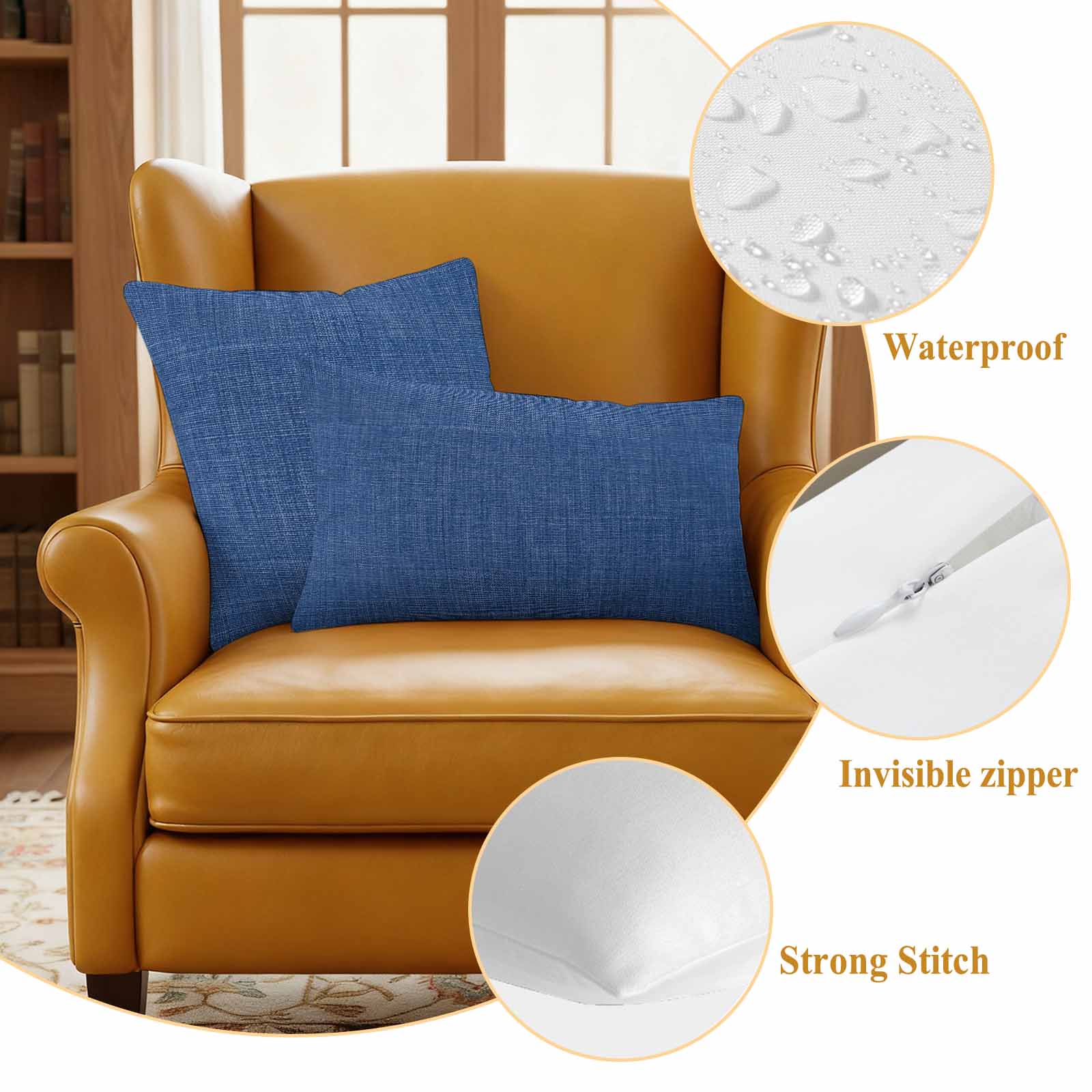 Navy Blue Outdoor Waterproof Pillow Covers, Vintage Country Monochrome Farmhouse Decorative Square Throw Pillowcase Sofa Cushion Sham for Patio/Couch/Chair, 16"x16" 2 Pack