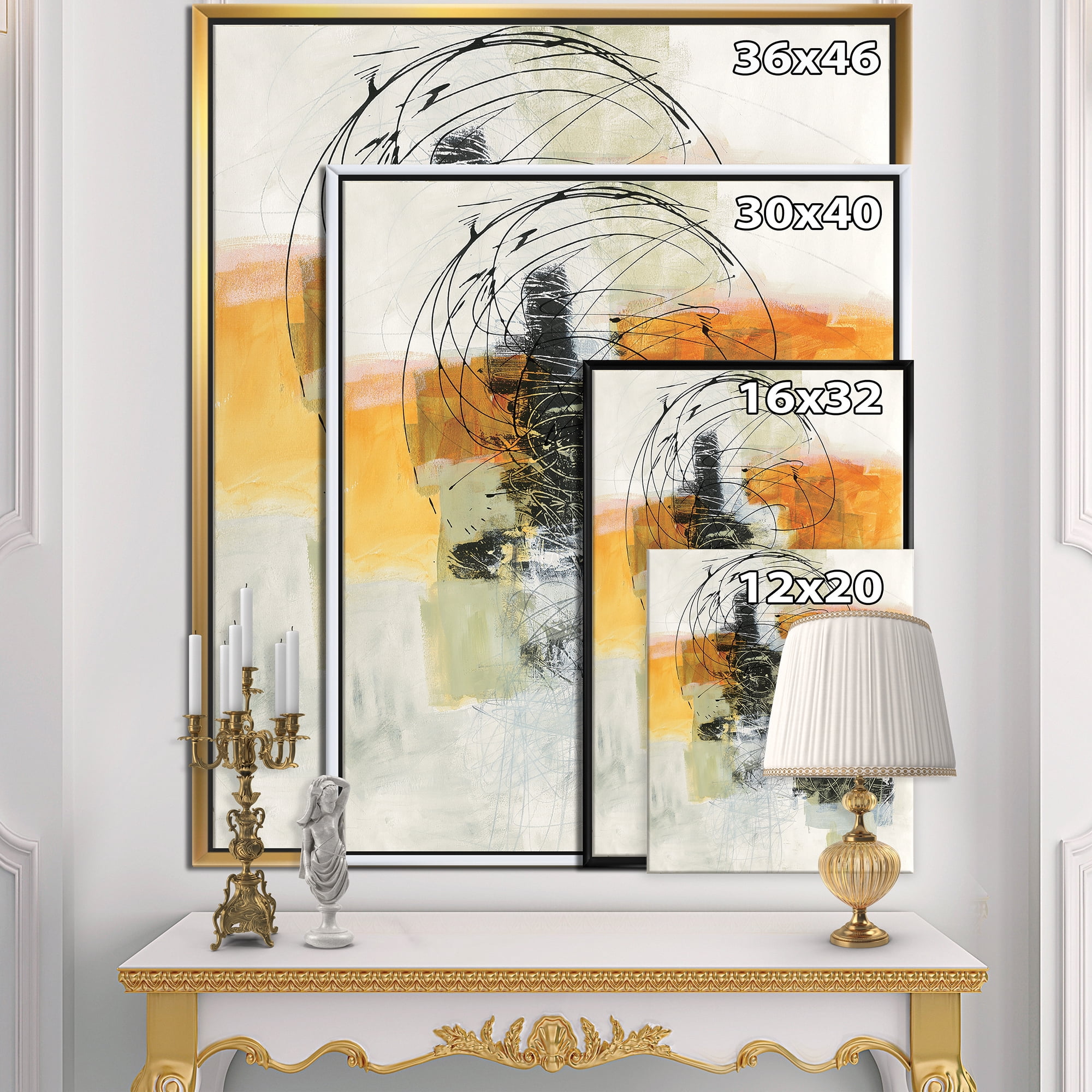 Designart ' Abstract Composition of Glamorous Yellow and Black ' Contemporary Framed Canvas