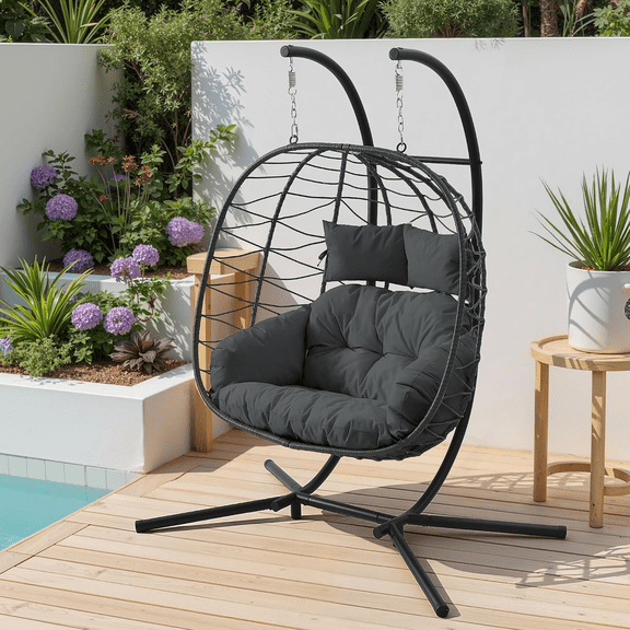 Haverchair Egg Chair with Stand Outdoor Patio Wicker Hanging Chair Swing Chair with Cushion