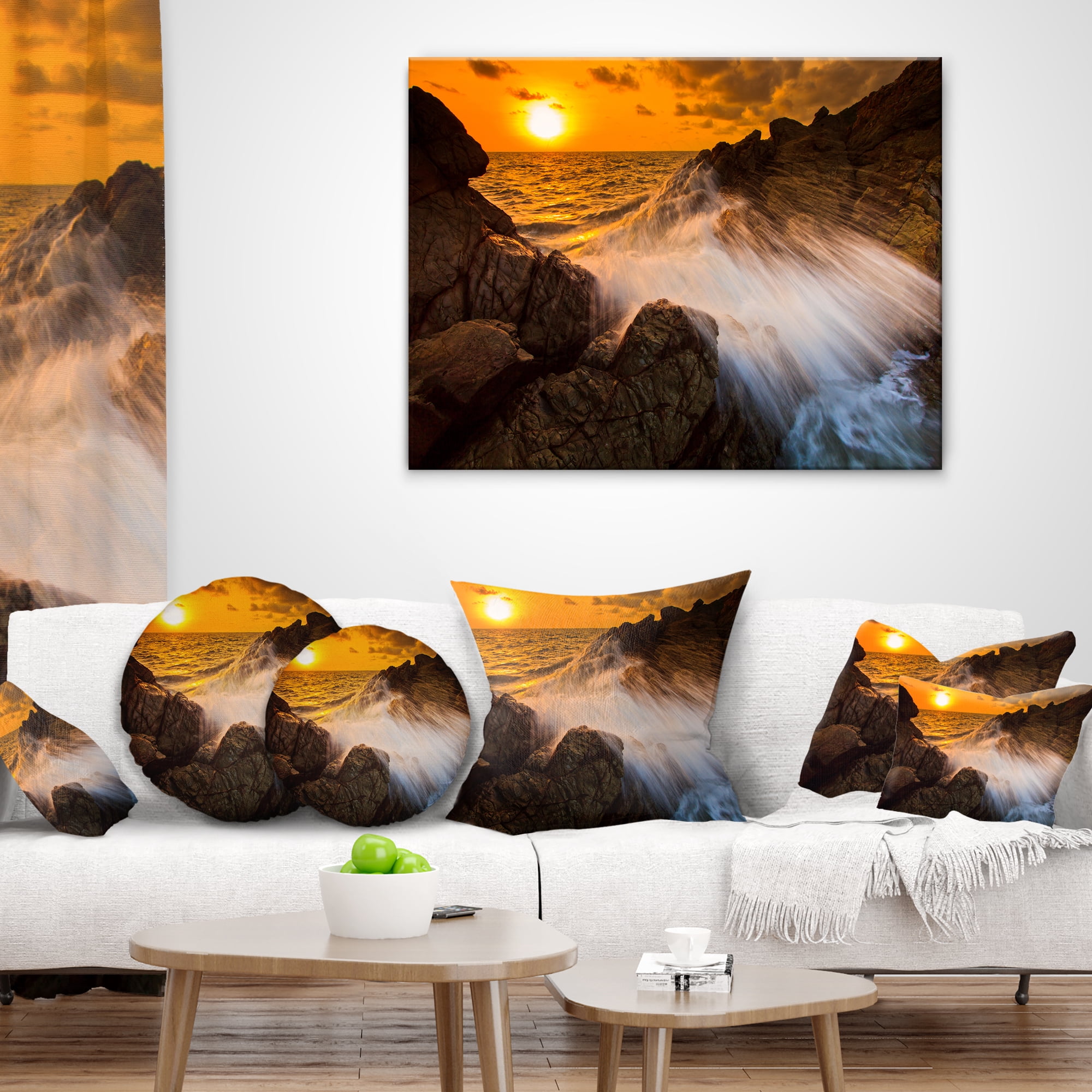 Designart Sunset Sea Wave Impact Rocks at Sunset - Seascape Throw Pillow - 18x18