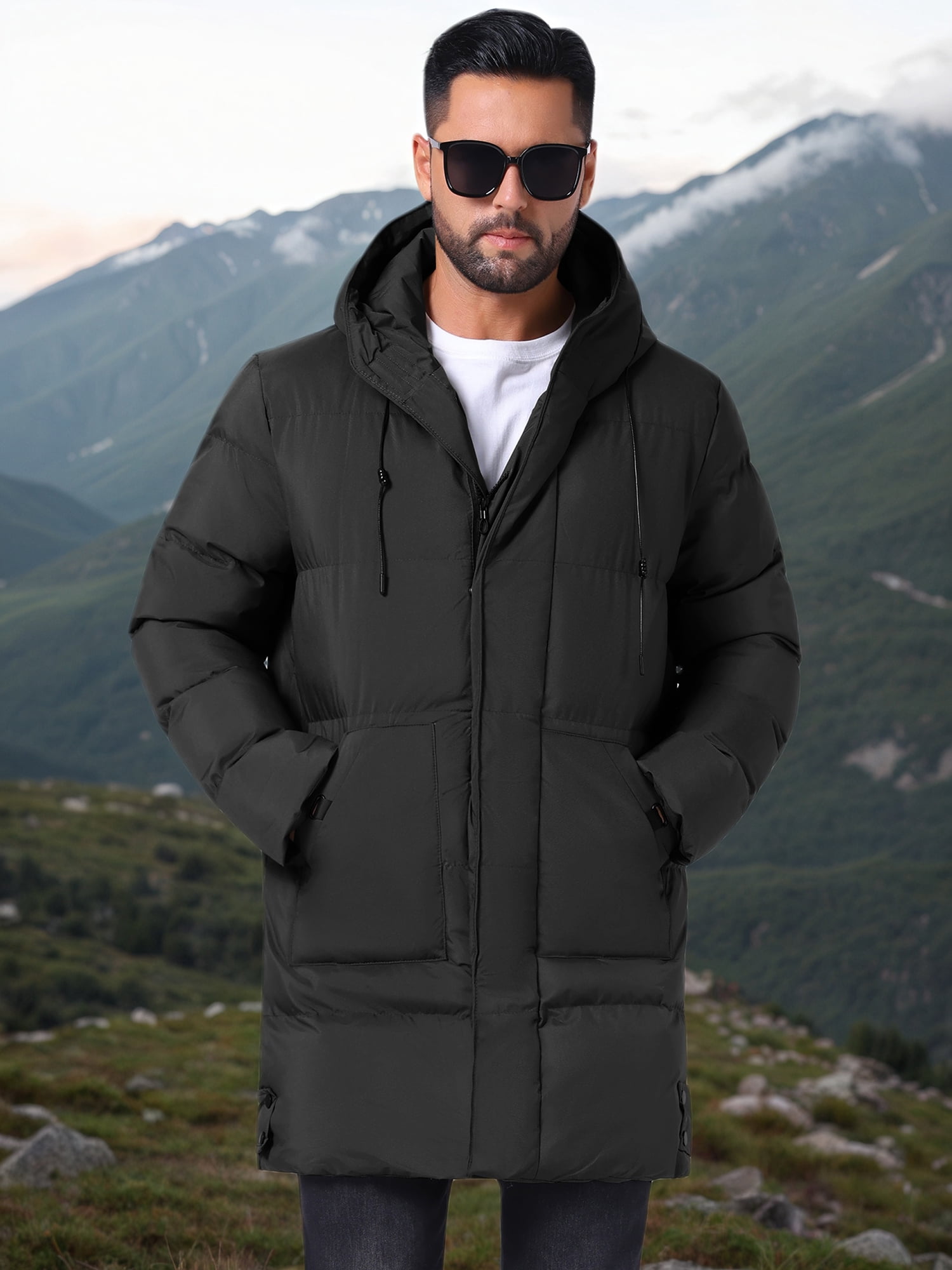 DARING DIVA Men's Mid-Length Outerwear Zipper Quilted Hooded Padded Coat XL Black