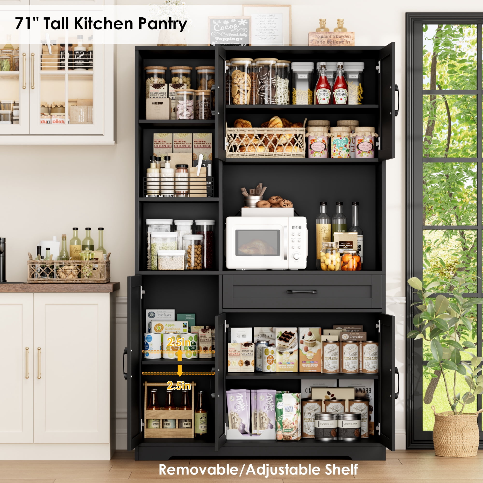 Hiphuta 71"Farmhouse Kitchen Pantry Storage Cabinet, Freestanding Hutch Cabinet with Microwave Stand, Sturdy Pantry Cabinet for Dining Room, Black