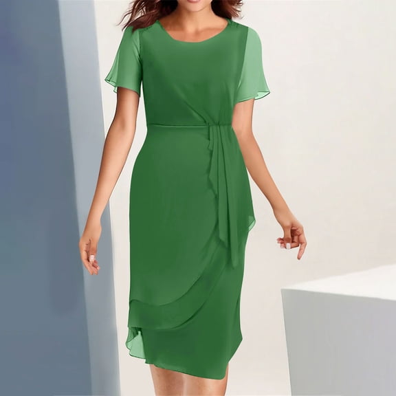 ClodeEU Women's Chiffon Short Sleeve Round Neck Dress,Fitted Waist Evening Gown Green,Womens Plus S