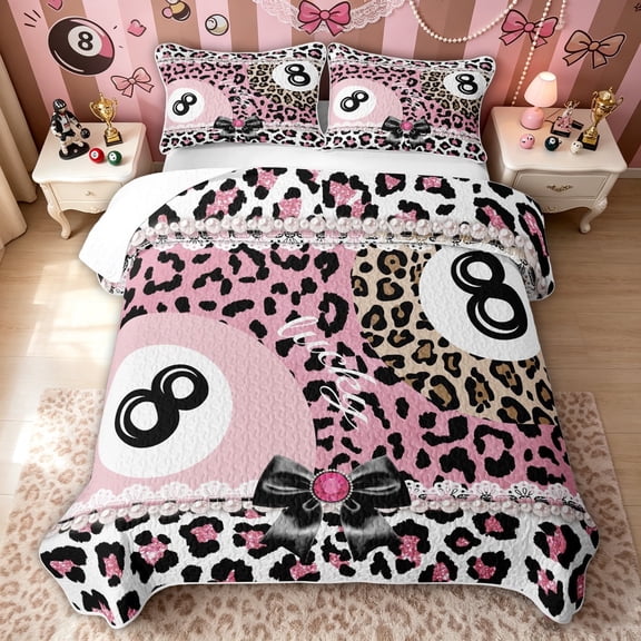 meiyoeat Billiards Lucky 8 Twin Quilt Set for Girls, Bow Pearl Pink Leopard Print Twin Coverlet Set, 2 Pieces, 1 Comforter and 1 Pillowcase