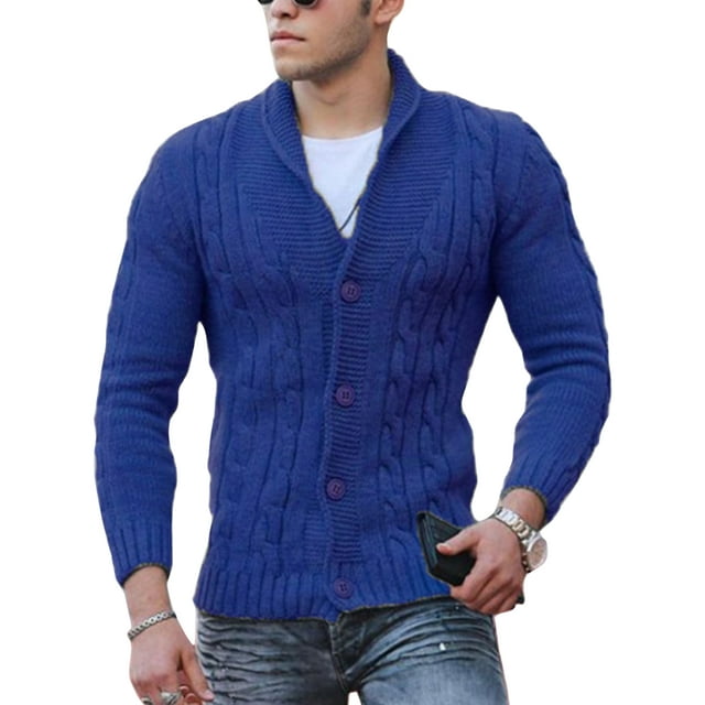 Tenmix Mens Button Up Cardigan Sweater Knitwear Sweaters Long Sleeve Travel Outwear Solid Color Cardigans Dark Blue S