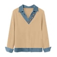 thumbnail image 5 of Women's Long Sleeve Shirts With Denim Collar Cuffs Buttons Decor V-Neck Tops Khaki M, 5 of 6