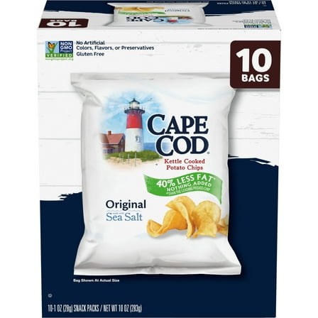 Cape Cod Potato Chips, Less Fat Original Kettle Chips, 1 oz Snack Bags, 40 total Count