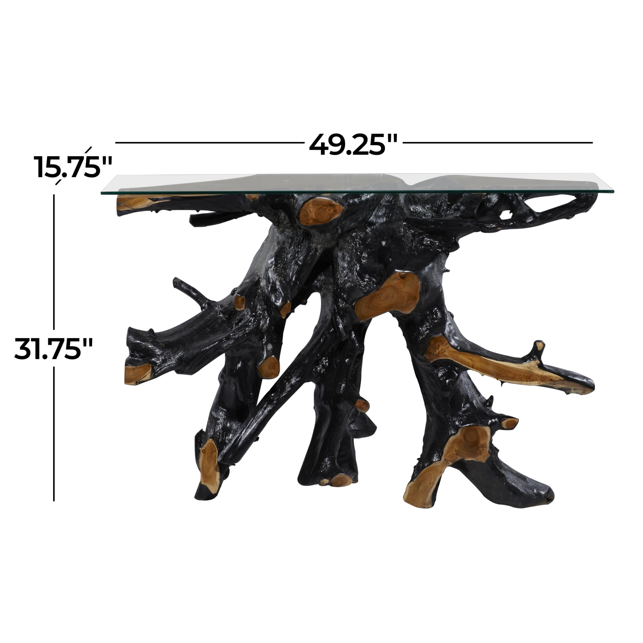DecMode 49" x 32" Black Teak Wood Handmade Live Edge Tree Stump Console Table with Clear Glass Top, 1-Piece