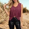 thumbnail image 3 of Atkumj Western Vest Women Vintage Suede V Neck Fringe Hem Button Up Vests Fashion Casual Solid Color Cropped Women Vest Top for Everyday Western Look 2XL, 3 of 6