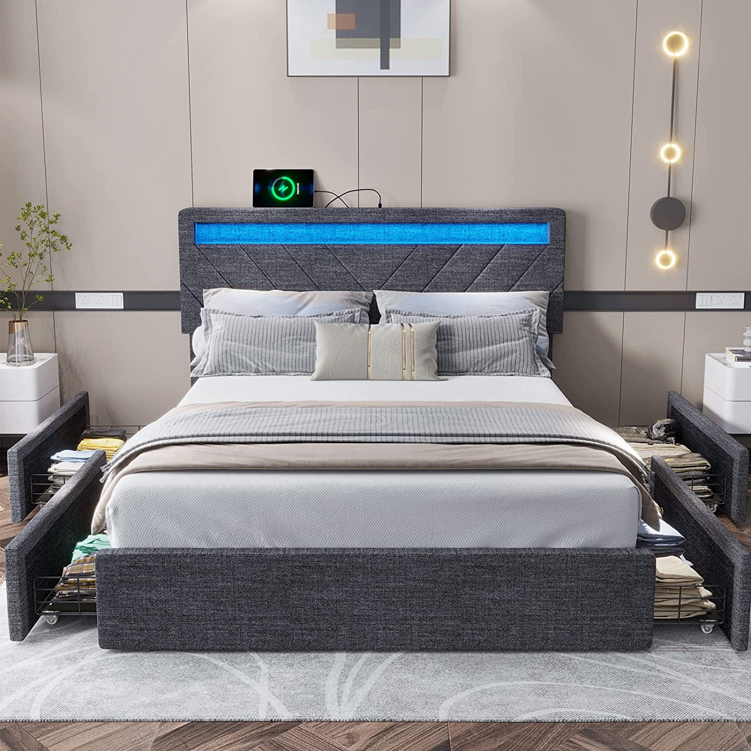 queen headboard with lights and usb