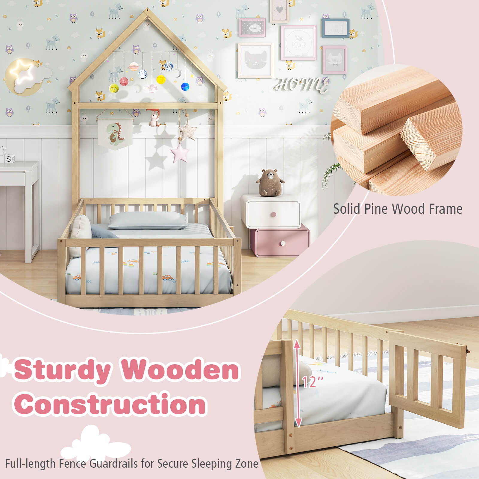 Infans Twin Size House Floor Bed w/House-shaped Headboard Clothes Hanger without Slats