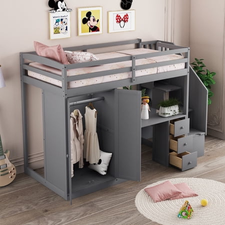 Twin Size Loft Bed with Wardrobe and Staircase, Desk and Storage Drawers and Cabinet in 1,Gray