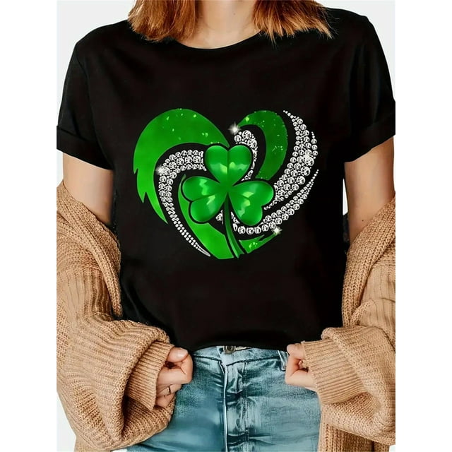 T-Shirt Graphique pour la Saint-Patrick pour Femmes, Col Rond Décontracté Trèfle à Chance pour Usage Quotidien et Superposition Élégante