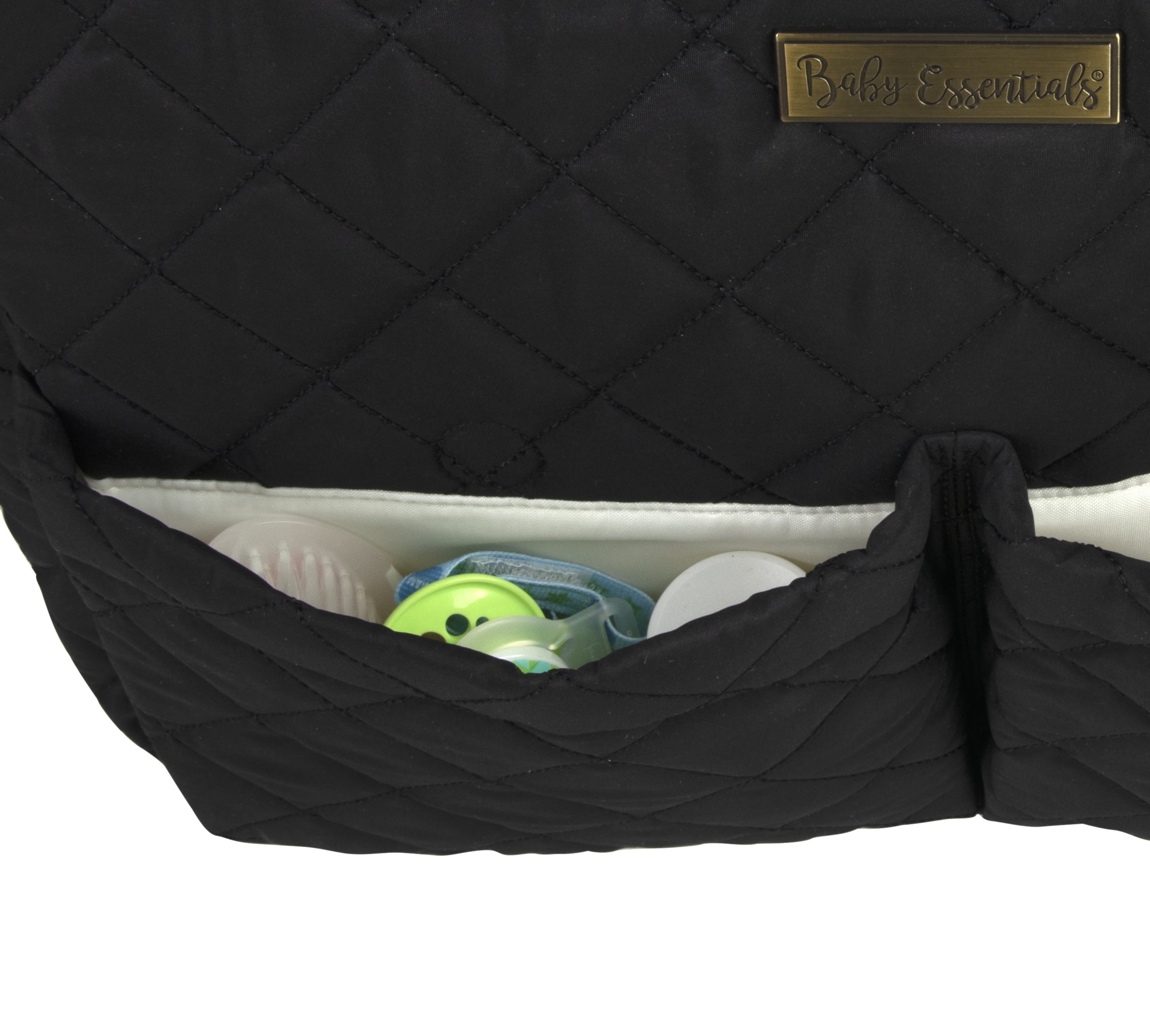Baby Essentials 3 Piece Multi-Pocket Quilted Diaper Bag Tote with Removable Luggage Strap and Matching Changing Pad in Black