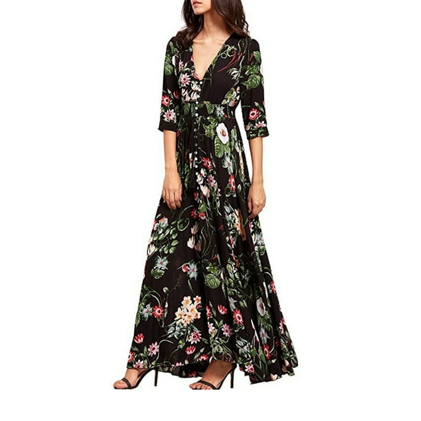 SAYOO Vestido bohemio femenino, estampado de flores de verano con cuello en V corto / media manga de una pieza para damas, S / M / L / XL / XXL SAYOO moda