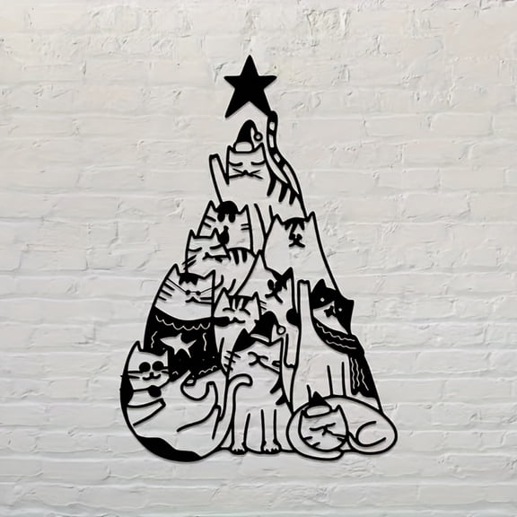 1 Metal Christmas Tree Wall Ornament - Simple Black and White Cat and Star Ornament for Parties - Modern Home Decor and Housewarming Gifts Decor for Cat Lovers, Funny Decorative Sculpture.