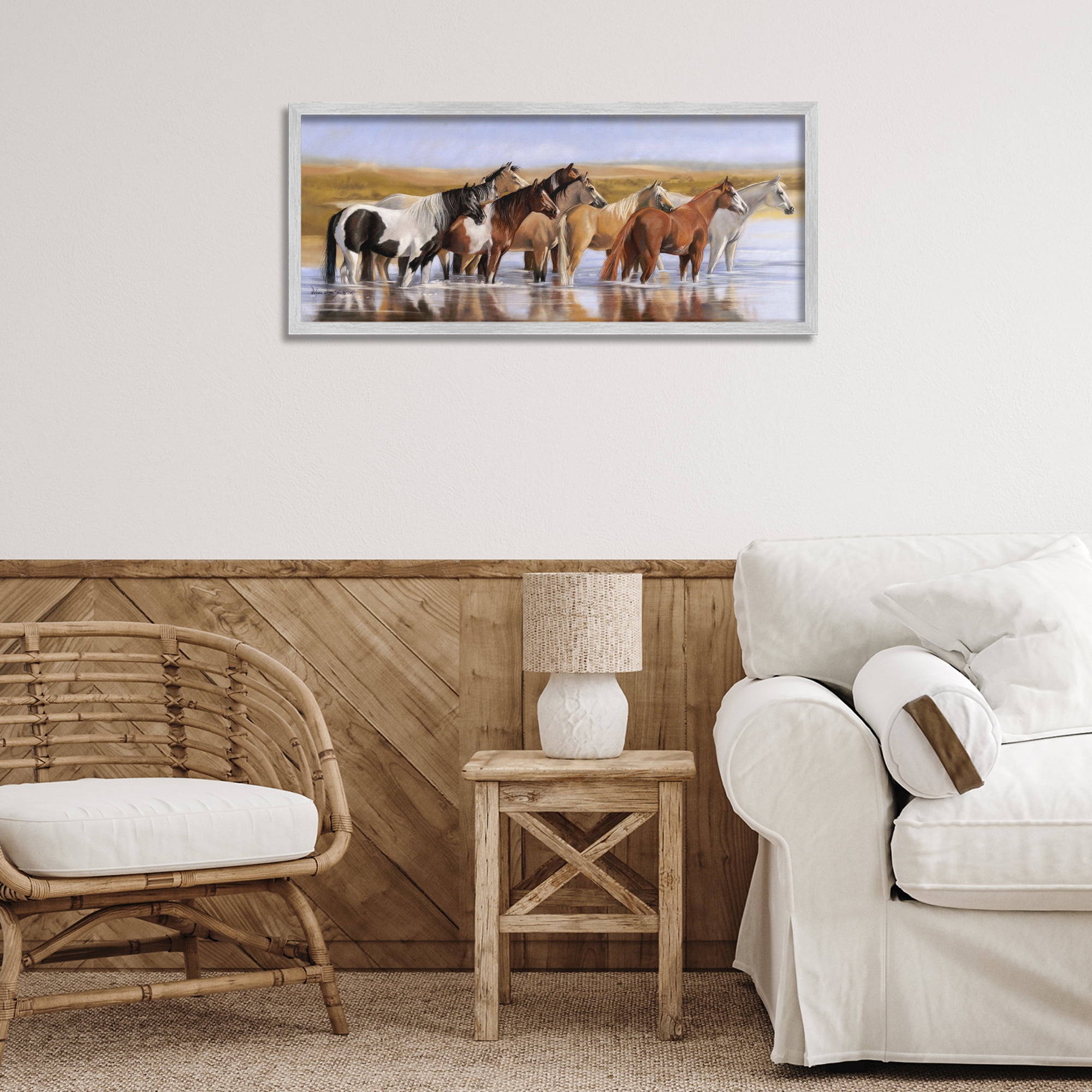 Stupell Industries Horse Herd in River Animals & Insects Painting Gray Framed Art Print Wall Art, 30 x 13