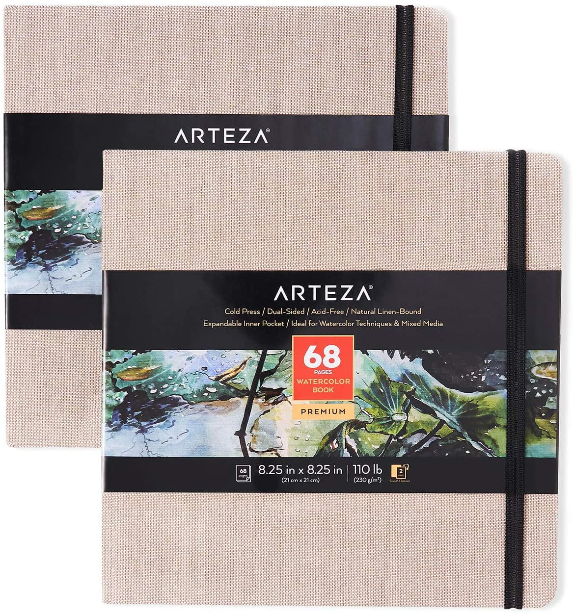 ARTEZA Watercolor Book, Beige Hardcover, 8.25" x 8.25", 68 Pages Pack