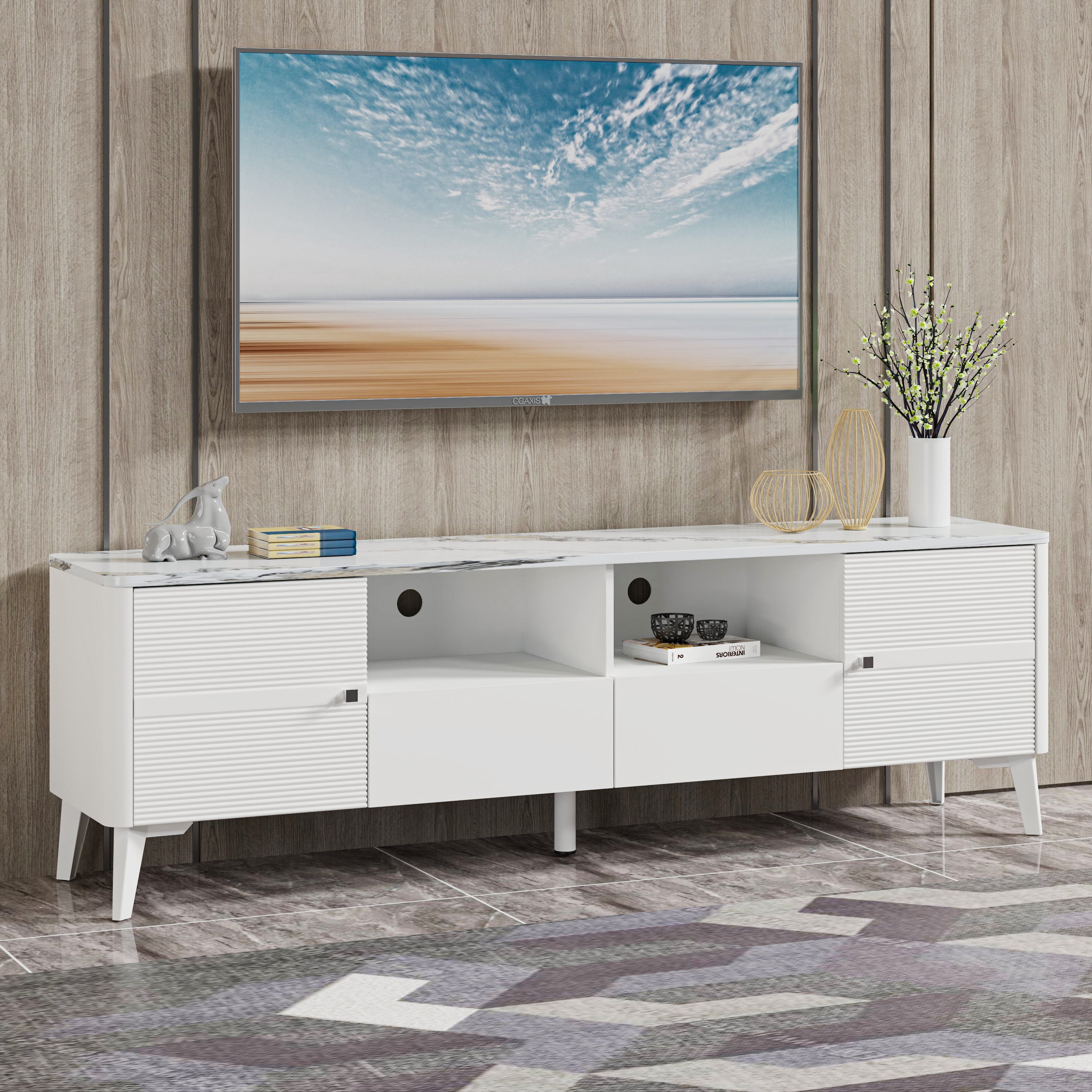 Joy River 70" Entertainment Center with Storage, Urban Blue Finish, Fits 60-75 inch TV, Built-in Cable Management & Adjustable Shelves,White