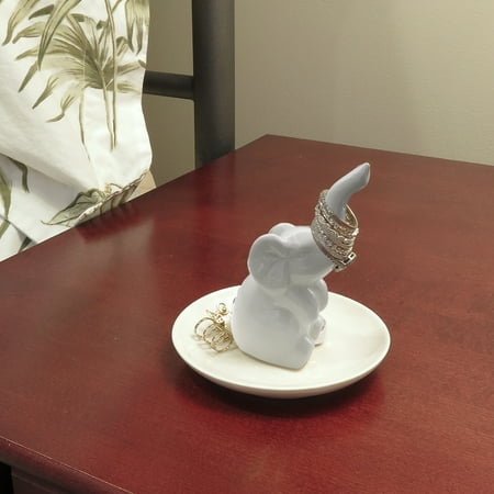 Evelots Elegant Porcelain Sitting Elephant Ring Holder, Jewelry Stand, Off White