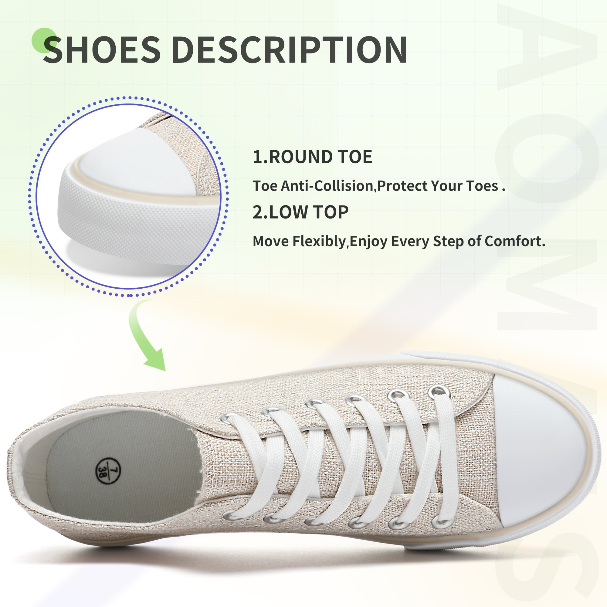 AOMAIS Womens Canvas Fashion Sneakers Classic Low Top Fabric Shoes Casual Walking Canvas Flats Cute Lace Up Tennis Shoes for Lady(Beige US5)