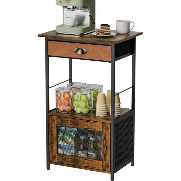 X-cosrack Coffee Bar Station, 3-Tier Small Coffee Stand with Storage Space, Farmhouse-Style Kitchen Microwave Stand, Single-Door Cabinet, Perfect for Living Room, Entryway, or Kitchen