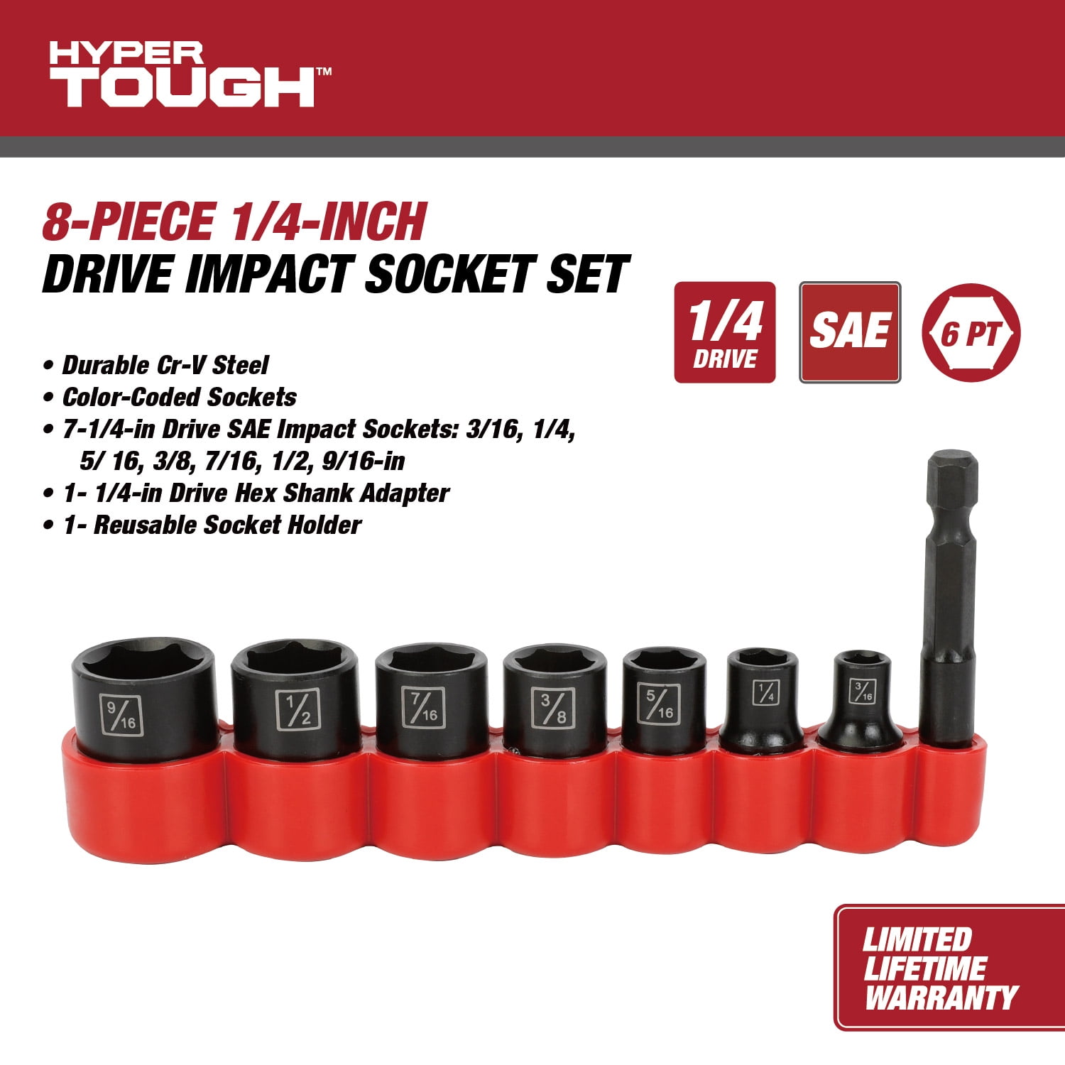 Hyper Tough 8-Piece 1/4-inch Drive Impact Socket Set (SAE)
