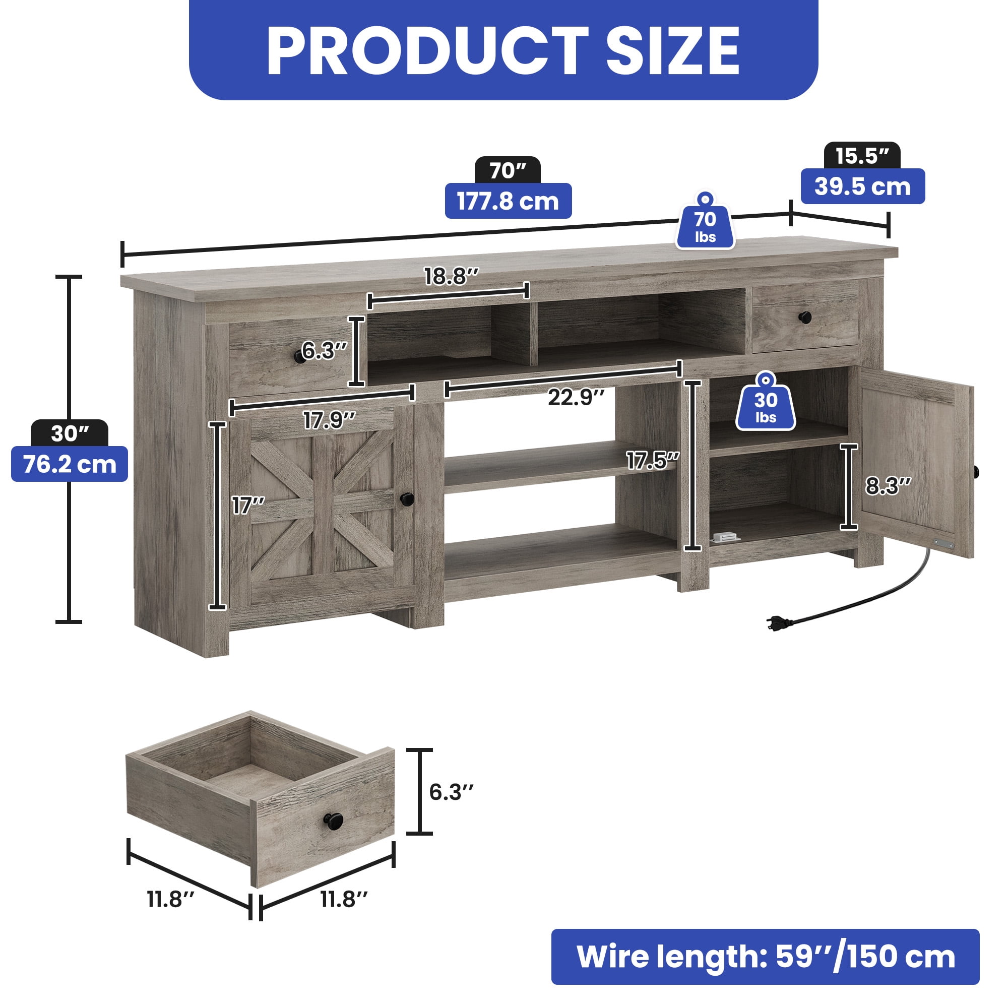 Uforic Farmhouse TV Stand for 75/80 Inch TV, Rustic Entertainment Center with Power Outlet, Storage Drawers, TV Console for Living Room, Gray